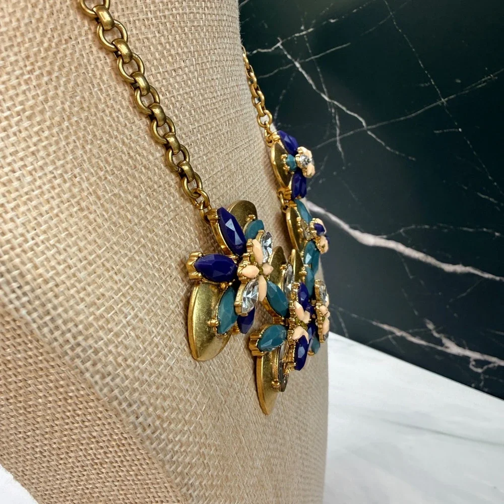 J.Crew Floral Statement Necklace Gold Tone Blue Teal Resin Crystal Flower Bib